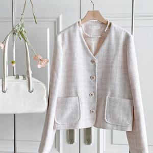 샵앤) 국산 여성 노카라 Y단추 격자 트위드 봄 간절기 자켓 REI-WJK-4269-아이보리