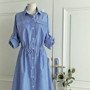 샵앤) 여성 카라넥 롤업 앞단추 A라인 스트라이프 셔츠형 원피스 DGB-WDR-4340-블루