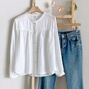 샵앤) 국산 여성 레이스 라운드넥 진주 단추 긴팔 블라우스 REI-WBL-4271-아이보리