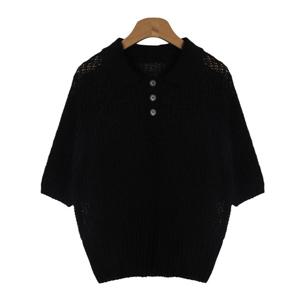 샵앤) 국산 여성 카라넥 반오픈 단추 데일리 반팔 니트 티셔츠 JLE-WKN-4427-블랙