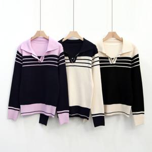 [샵앤]여성 3단 줄무늬 배색 V넥 카라 니트 티셔츠 BDR-WKN-2135