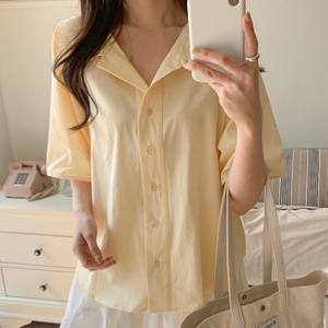 샵앤) 여성 카라넥 시원한 소재 모던 반팔 블라우스 CAT-WBL-4410-옐로우