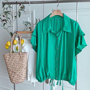 샵앤) 여성 카라넥 이중소매 뒷주름 여름 반팔 블라우스 BONG-WBL-4511-그린