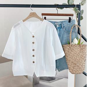 샵앤) 여성 V넥 단추 오픈 심플 데일리 여름 반팔 자켓 BONG-WJK-4520-아이보리
