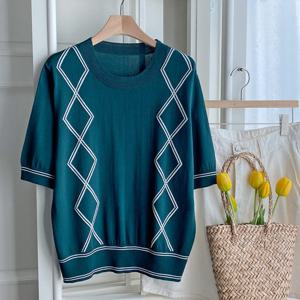 샵앤) 여성 라운드넥 더블다이아 여름 반팔 니트티 BONG-WKN-4580-그린