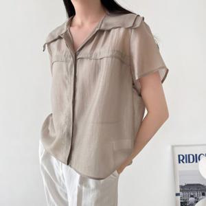 샵앤) 여성 슬릿 넓은 2단카라 시스루 루즈핏 반팔 블라우스 NYS-WBL-4635-화이트