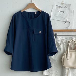 샵앤) 국산 여성 라운드 심플 루즈핏 5부 여름 블라우스 REI-WBL-4642-네이비
