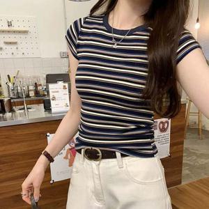 G126888_멀티배색 단가라 스트라이프 스판티셔츠 스판티 단가라 스트라이프 크롭 텐션단가라 반팔티 슬림핏 배색스트라이프 라운드티 여름티