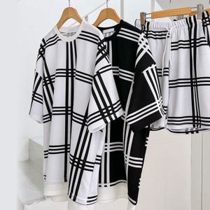 남여공용 체크 레이어드 반팔 티셔츠 5C-TSH-Q008-블랙