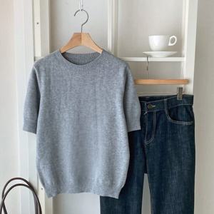 샵앤) 여성 라운드넥 베이직 무지 반팔 니트티 BONG-WKN-4706-그레이