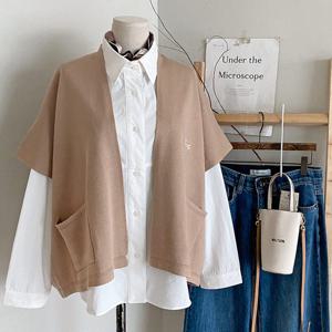 샵앤) 여성 오픈형 앞포켓 레이어드 반팔 루즈핏 가디건 DGB-WCD-4733-베이지