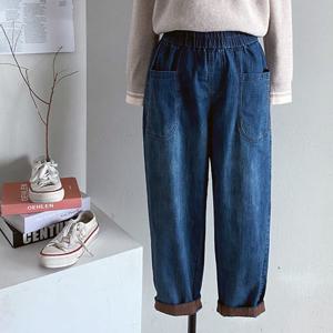 샵앤) 여성 빅포켓 밴딩 배기핏 배색 데님 청바지 DGB-WPT-4751-블루