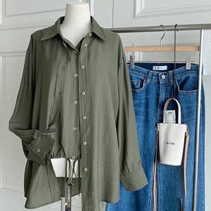 샵앤) 여성 카라넥 유니크 이중 단추여밈 긴팔 롱 블라우스 DGB-WBL-4742-카키