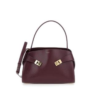 FERRAGAMO Hug Bordeaux Shoulder Bag with Logo Printed on Front in Hammered Leather Woman 2198160788916