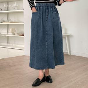 샵앤) 여성 허리밴딩 앞포켓 단추 H라인 데님 롱스커트 21DS-WSK-4914-연청