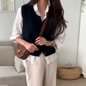 샵앤) 국산 여성 라운드 단추오픈 레이어드 니트 조끼 21DS-WVS-4893-네이비