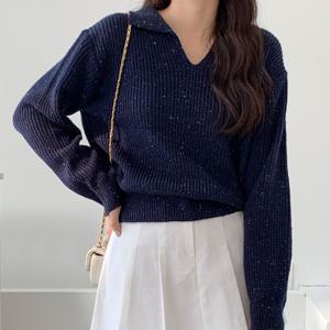 네프 여성 V넥 루즈 간절기 데일리 니트티 JLE-WKN-3039-네이비