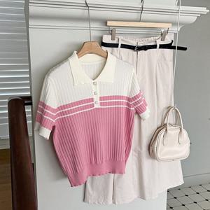 투톤 여성 카라넥 골지 세미크롭 반팔 니트티 JR-WKN-3047-핑크