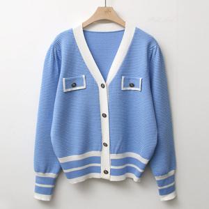 케리 여성 단추 Y오픈 킨단 배색 봄 가디건 BONG-WCD-3097-블루