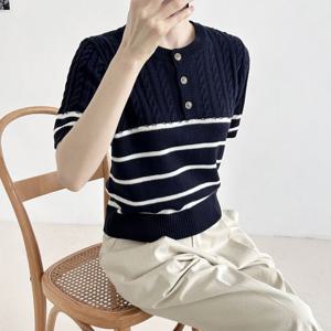 하프꽈배기 여성 단가라 반팔 니트티 21DS-WKN-3144-핑크