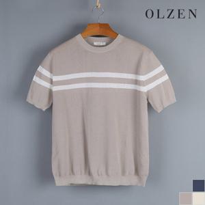 [올젠] 스트라이프 패턴 라운드 반팔 니트 (ZOC2ER1304)