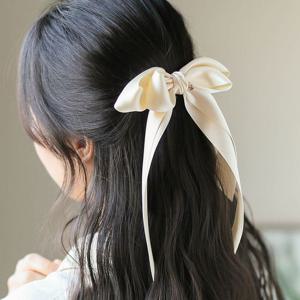 엔젤슈슈 새틴 롱리본 자동 헤어핀 아이보리 공단