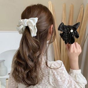 가을느낌 물씬 헤어핀 체크리본 진주포인트 바나나핀