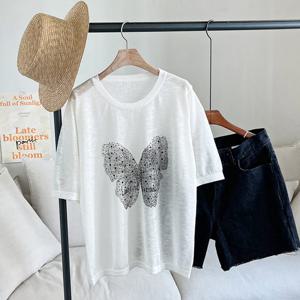 샵앤) 나비 여성 라운드 반팔 니트티셔츠 DGB-WKN-3429-아이보리