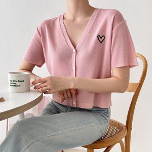 샵앤) 더블하트 단추 크롭 반팔 니트가디건  21DS-WCD-3508-핑크