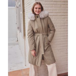 헤지스 여성 24FW 폭스FUR 탈부착 퍼카라 롱 헤비 구스다운 점퍼 라이트카키 HSJU4D005K1