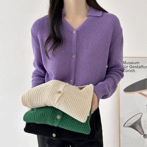 샵앤) 여성 골지 카라 Y단추 니트 가디건 21DS-WCD-3782-퍼플