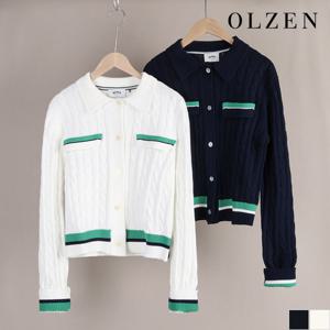 [올젠] 케이블 카라 배색 가디건 (ZLD1EC2102)