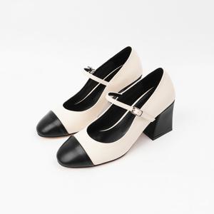 [신난다슈] 여성 구두 펌프스 힐 7cm 메리제인 구두 발편한 통굽 미들힐 투톤 배색 ST252305 아이보리