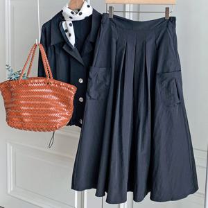 샵앤) 여성 뒷밴딩 사이드 빅포켓 앞주름 A라인 롱 스커트 DGB-WSK-4325-블랙