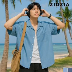 [지오지아] 오버핏 오픈카라 반팔 데님 셔츠 (AAD2WC1203)