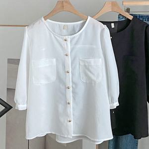 샵앤) 국산 여성 노카라 양포켓 퍼프소매 7부 블라우스 REI-WBL-4357-아이보리