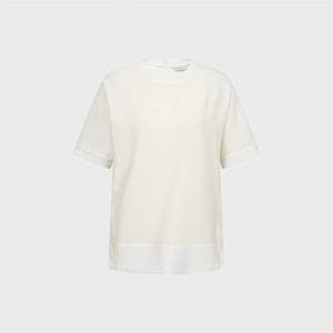 [캐리스노트]24년 봄 여름 데일리룩 라운드넥 니트 배색 반팔 블라우스  CN4MBL403-GB