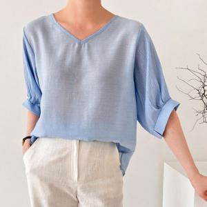 샵앤) 여성 노카라 V넥 시스루 셔링 반팔 데일리 블라우스 CAT-WBL-4413-소라