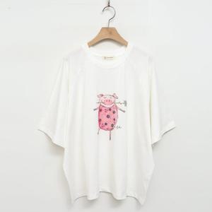 샵앤) 여성 나그랑 꽃돼지 국산 면100 심플 반팔 티셔츠 FJ-WSH-4351-아이보리