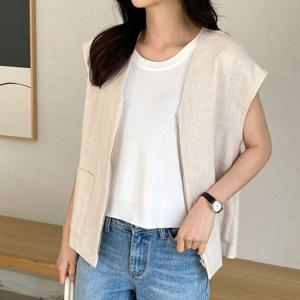 샵앤) 국산 여성 빅포켓 레이어드 민소매 린넨 집업 조끼 SML-WVS-4435-먹색