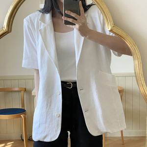 샵앤) 국산 여성 정장 카라넥 린넨 100 반팔 하프 자켓 SML-WJK-4438-라일락