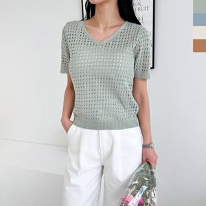샵앤) 국산 여성 브이넥 펀칭 반팔 니트 티셔츠 WDM-WKN-2LPPT1034