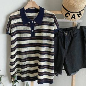 샵앤) 여성 카라넥 단가라 펀칭 여름 반팔 니트티 BONG-WKN-4500-블랙