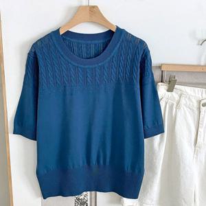 샵앤) 여성 라운드넥 부분꼬임 무늬 여름 반팔 니트티 DGB-WKN-4553-블루