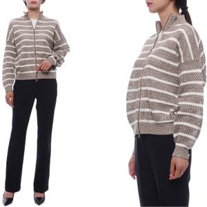 [브루넬로쿠치넬리] 25SS 여성 린넨 스트라이프 메쉬 집업 니트 (MCO558906 CKE88 25S)