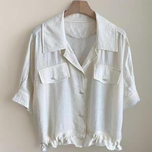 [다잇템]여성 반소매 포켓 장식 비스코스 카라 끈 셔츠