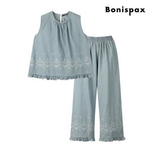 [보니스팍스(여성의류)]데님 셔링 자수 나시 밴딩 팬츠 셋업 (XP6ST009M0)