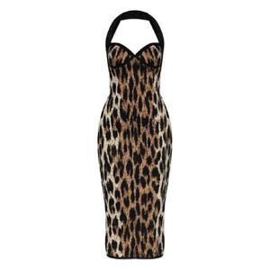 발망 홀터넥 레오파드 프린트 미디 드레스 FF1RJ011KI78