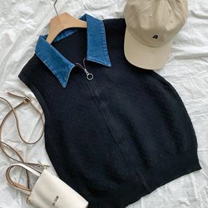 샵앤) 여성 데님카라 레이어드 집업 니트 조끼 BONG-WVS-4646-블랙