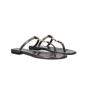 생로랑 여성 카산드라 플랫 스트랩 슬라이드 샌들 메탈릭 브라운 776081 0NLDD 2121